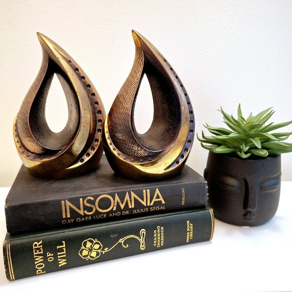 Ben Seibel for Jenfred 'Flame' Brass Bookends, 1950's Jenfredware Sculptural Boo